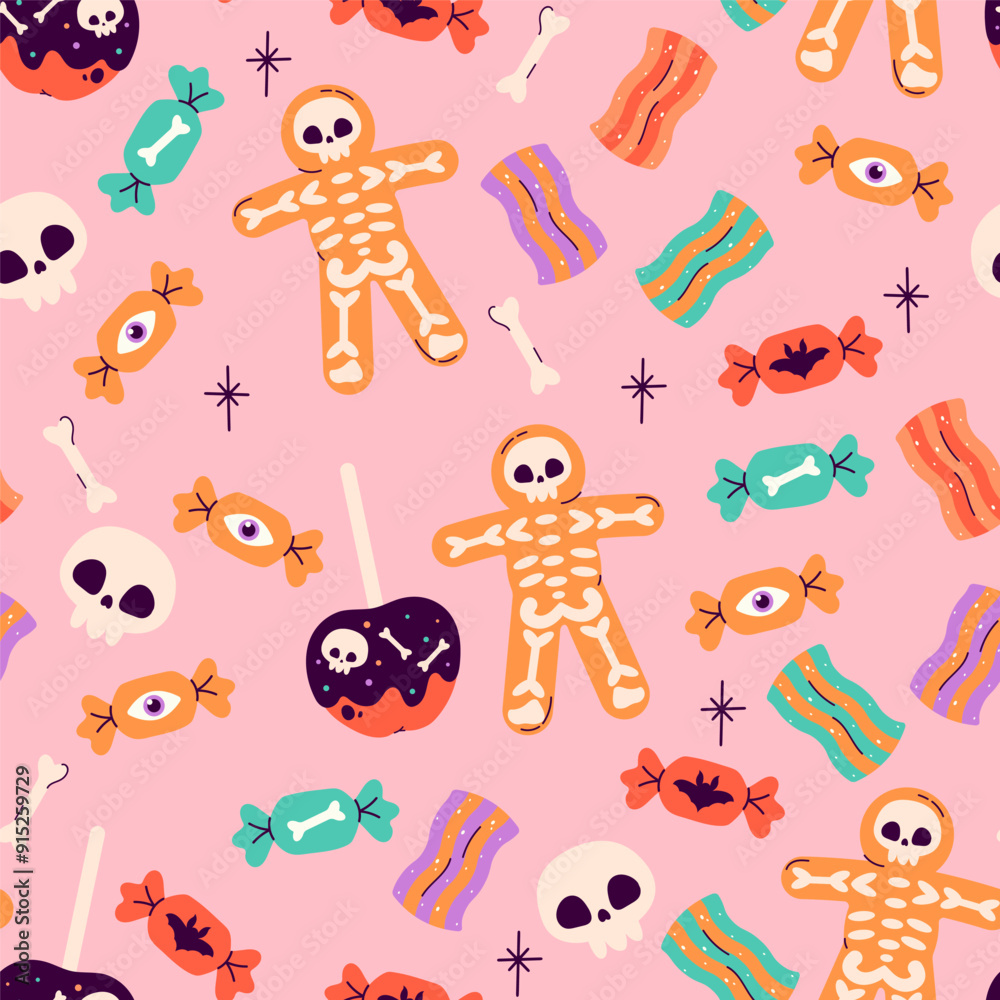 Obraz premium Seamless Halloween pattern with sweets, candies, skeleton. Happy Halloween, Halloween for kids. Vector illustration in flat style 