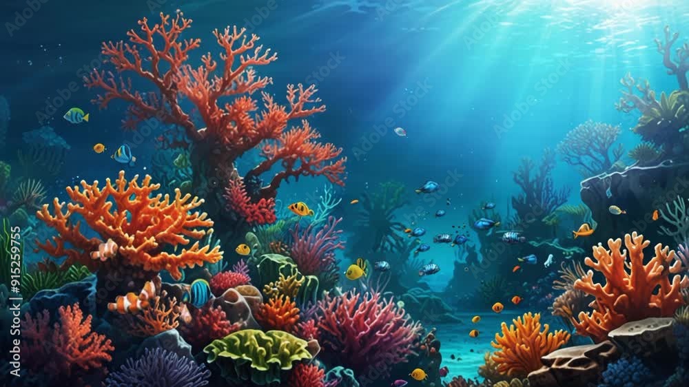 colorful corals and fish under sea water. Seamless looping 4k video animation