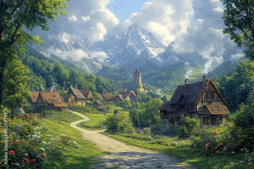 enchanting illustration of a medieval fantasy village nestled in a misty valley with thatched cottages winding cobblestone streets and a majestic castle on a distant hilltop