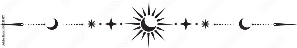 Magic border with celestial stars sun and moon. Astrology fantasy decorative ornament. Divider with mystic spiritual symbols. Astral minimal design with elegant elements. Magic border with celestial stars sun and moon. Astrology fantasy decorative ornament. Divider with mystic spiritual symbols. Astral minimal design with elegant elements.