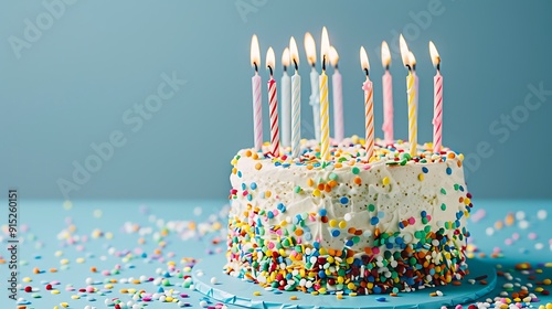 A birthday cake with colorful sprinkles and candles on a blue background, in a minimalistic style photo