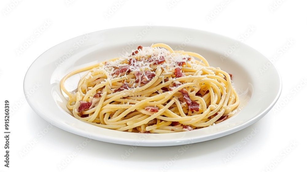 Spaghetti alla carbonara on white plate isolated on white background Spaghetti alla carbonara on white plate isolated on white background