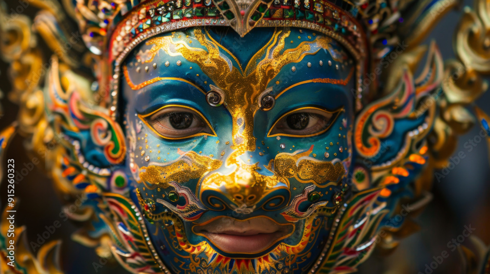 Close-up of a colorful traditional Asian mask, highlighting intricate details and vibrant hues, representing cultural heritage. Close-up of a colorful traditional Asian mask, highlighting intricate details and vibrant hues, representing cultural heritage.