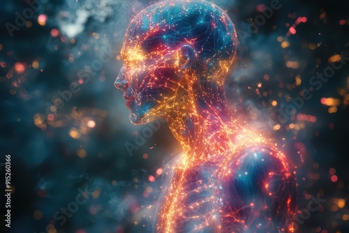 ethereal anatomical illustration of human body with glowing energy pathways translucent layers reveal inner systems surrounded by swirling colorful life force