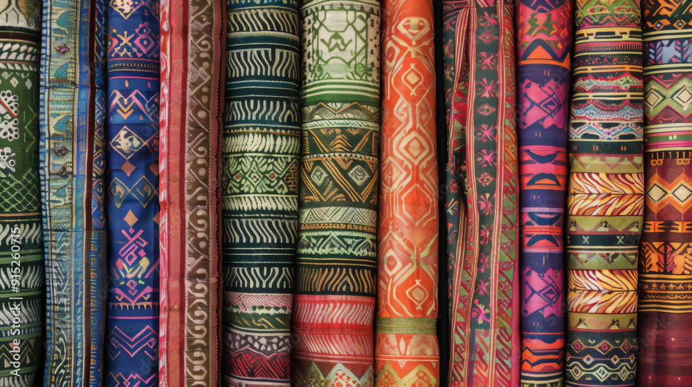 A variety of colorful fabric rolls with different patterns, neatly arranged in a row, highlighting textile diversity. A variety of colorful fabric rolls with different patterns, neatly arranged in a row, highlighting textile diversity.