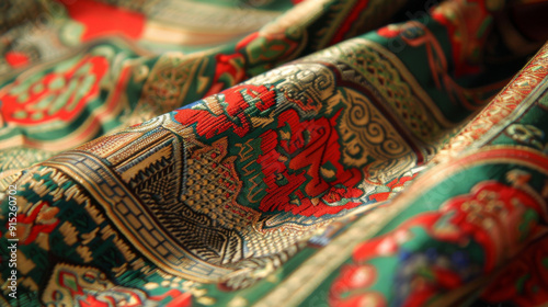 A close-up view of colorful woven fabric with intricate patterns, showcasing traditional textile artistry.