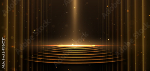 Elegant golden scene vertical glowing with lighting effect sparkle on black background. Template circle podium premium award design.