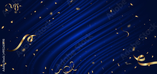 Blue curtain background. Golden confetti banner and ribbon on white background. Celebration grand openning party happy concept
