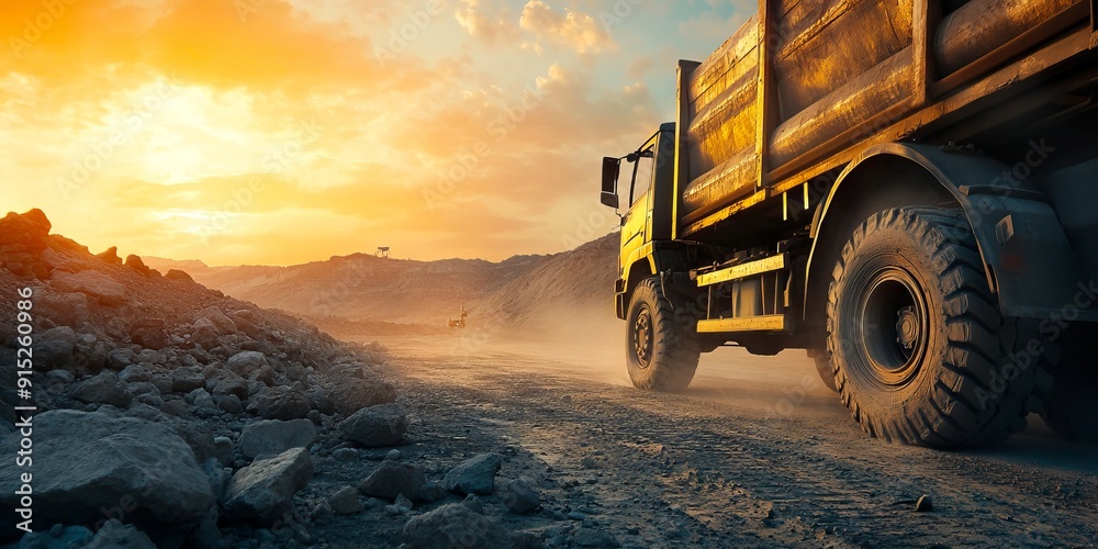 A dump truck driving down a dirt road at sunset A dump truck driving down a dirt road at sunset