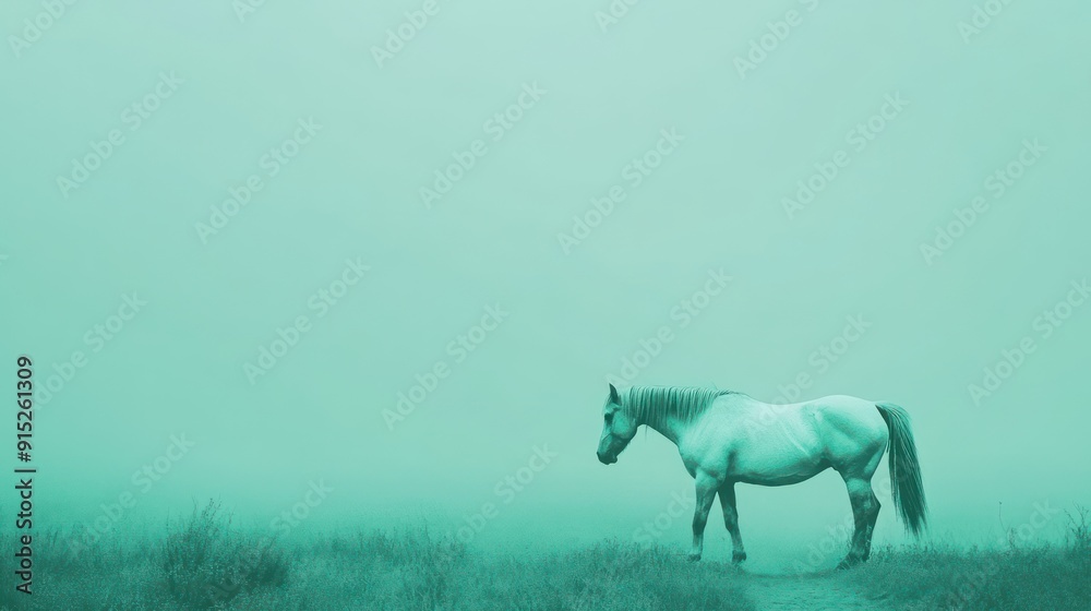 White horse standing alone in a field of tall grass and fog, creating a mysterious and ethereal atmosphere. White horse standing alone in a field of tall grass and fog, creating a mysterious and ethereal atmosphere.