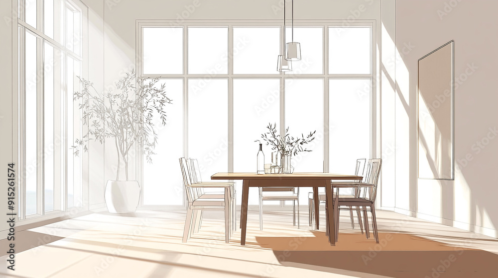 A minimalist dining area with a wooden table and chairs, highlighted by soft natural light streaming through large windows, creating a peaceful and inviting atmosphere A minimalist dining area with a wooden table and chairs, highlighted by soft natural light streaming through large windows, creating a peaceful and inviting atmosphere