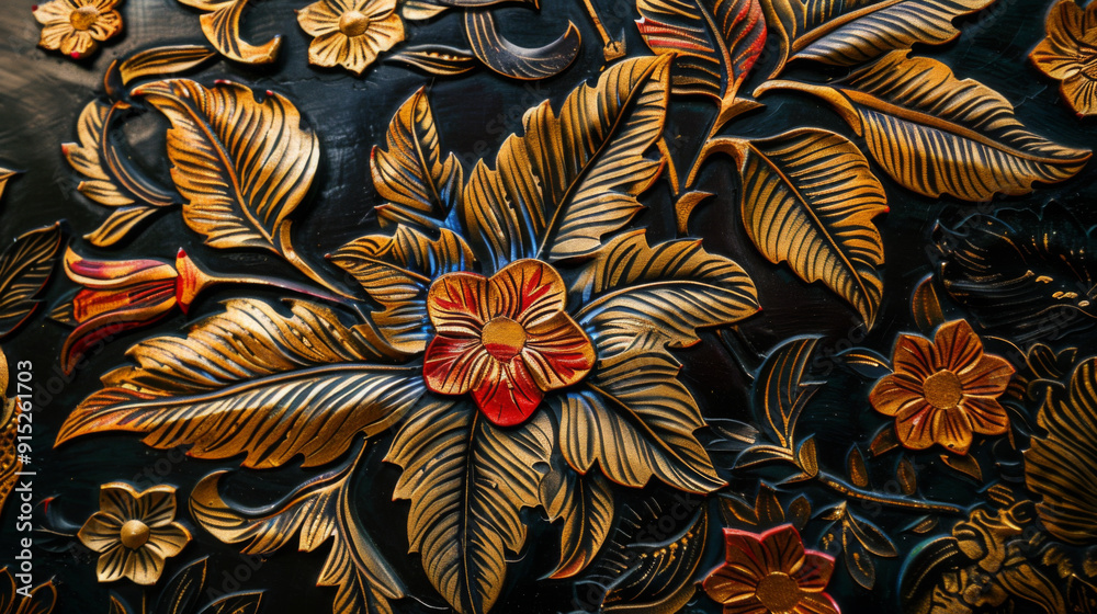 Close-up of a vibrant floral carving with gold accents on a dark background, highlighting the exquisite details and craftsmanship. Close-up of a vibrant floral carving with gold accents on a dark background, highlighting the exquisite details and craftsmanship.