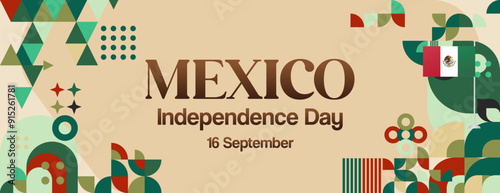 Mexico National Day Banner. Modern geometric abstract background in colorful style for Viva Mexico. Mexican Independence greeting card cover with text. Happy Mexico Independence day to celebrate