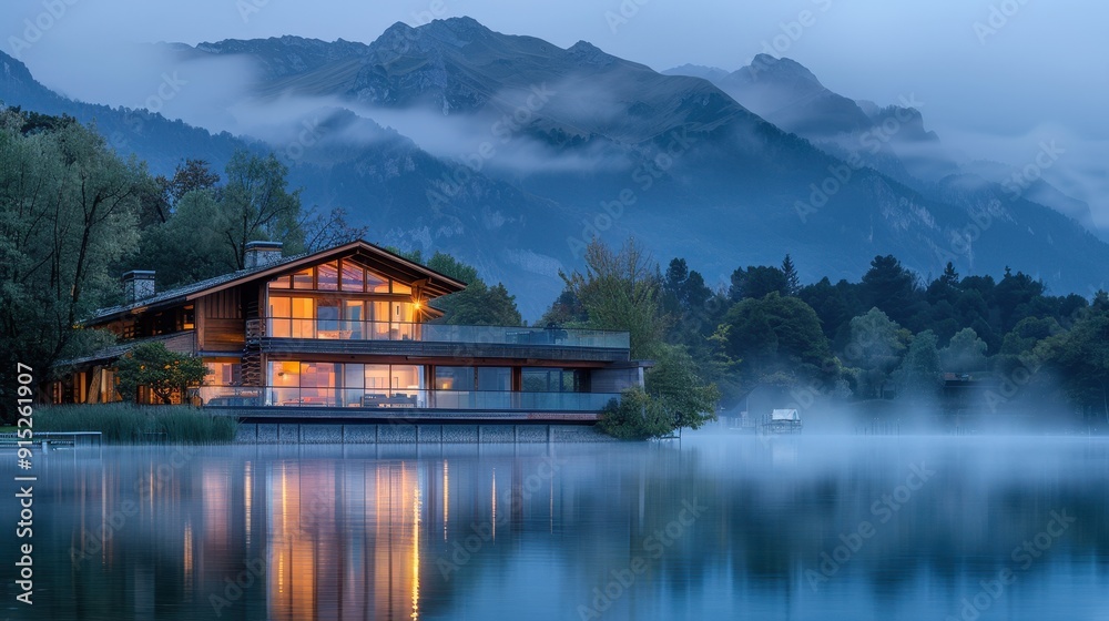 Fototapeta premium Modern Lakeside House with Large Windows and Mountain View at Dusk with Misty Atmosphere