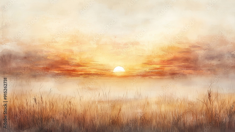 A watercolor painting of a misty sunrise over a field of tall grass A watercolor painting of a misty sunrise over a field of tall grass