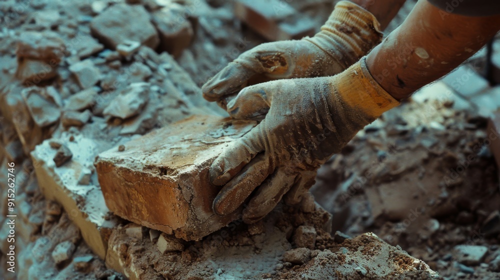 A close-up of gloved hands setting a worn brick into a structure amidst a pile of rubble, showcasing the detailed work of construction or restoration. A close-up of gloved hands setting a worn brick into a structure amidst a pile of rubble, showcasing the detailed work of construction or restoration.