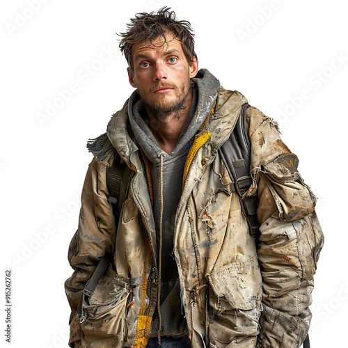 Front view mid body shot of a extremely ugly homeless Caucasian man in dirty and torn jacket & jeans looking very sad, isolated on a white transparent background