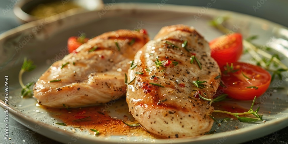 Chicken breasts boiled and served with tomato on a plate