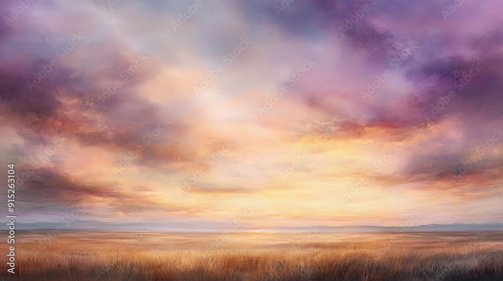 Dreamy sunset over a field of golden grass with a colorful sky full of clouds. Dreamy sunset over a field of golden grass with a colorful sky full of clouds.