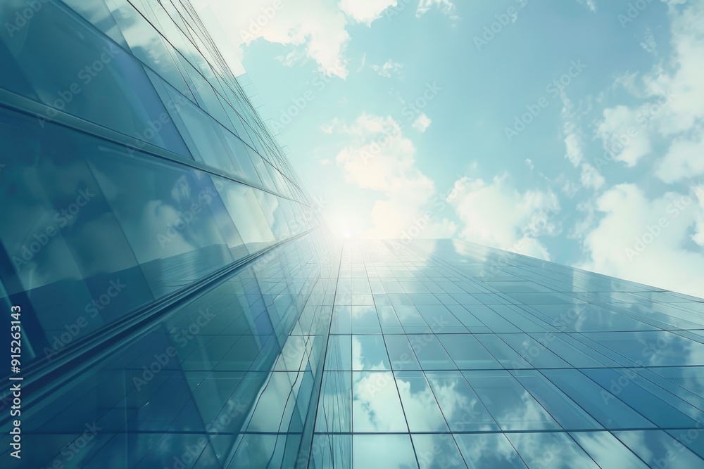 A modern glass skyscraper against a bright blue sky, great for corporate or urban themed projects A modern glass skyscraper against a bright blue sky, great for corporate or urban themed projects