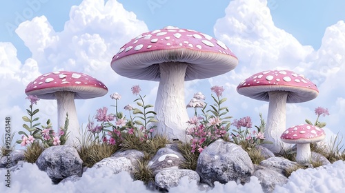 Four large, pink-spotted mushrooms with white stems emerge from a patch of wildflowers and rocks against a blue sky with clouds.