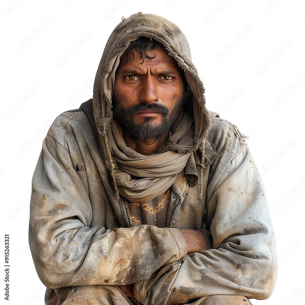 Front view mid body shot of a extremely ugly homeless Indian man in dirty and torn hoodie & trousers looking very sad, isolated on a white transparent background