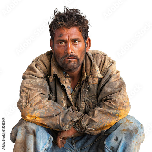 Front view mid body shot of a extremely ugly homeless Indian man in dirty and torn jacket & jeans looking very sad, isolated on a white transparent background