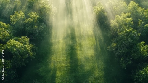 Sunbeams illuminate a lush green forest, casting a mystical glow through the leaves.