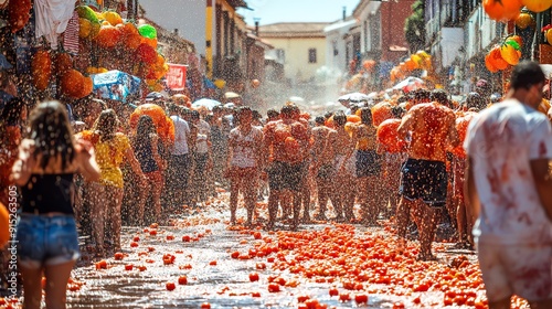 People covered in tomatoes during a street festival