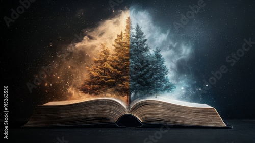 A book with a fiery and frosty tree emerging from its pages, symbolizing the power of imagination and storytelling.