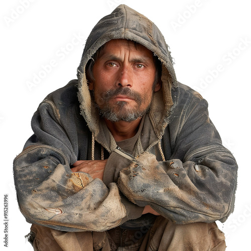 Front view mid body shot of a extremely ugly homeless Latin man in dirty and torn hoodie & trousers looking very sad, isolated on a white transparent background photo