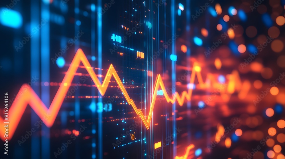 Abstract background with glowing stock market graph and bar chart on black backdrop, financial growth concept, business charts or candlestick line illustration of flashing numbers in blue orange color Abstract background with glowing stock market graph and bar chart on black backdrop, financial growth concept, business charts or candlestick line illustration of flashing numbers in blue orange color