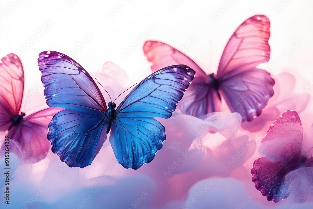 ethereal scene of iridescent blue and pink butterflies in flight against a misty white background wings catching light creating a magical atmosphere ethereal scene of iridescent blue and pink butterflies in flight against a misty white background wings catching light creating a magical atmosphere