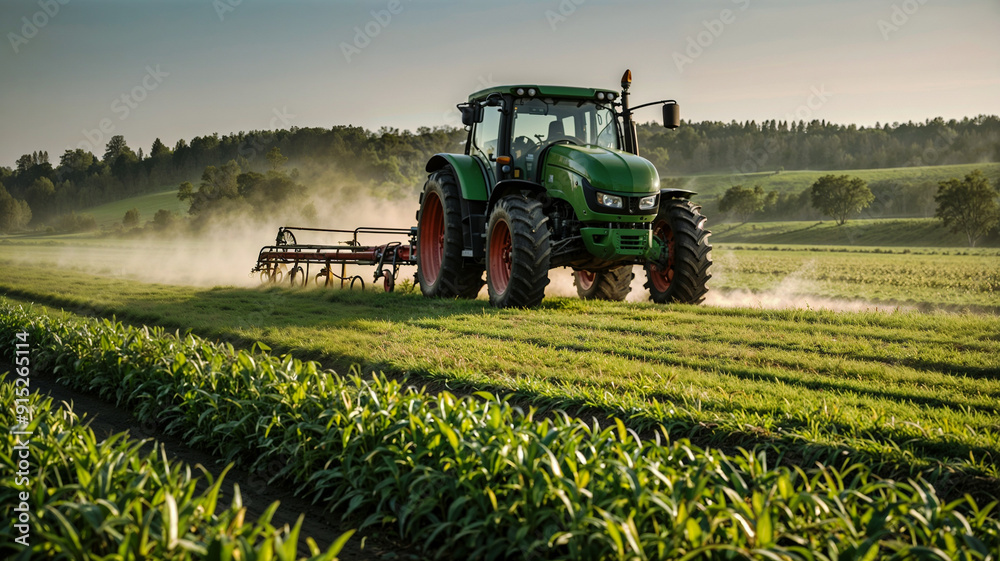 Fototapeta premium A Tractor spraying pesticide on a green field. Agriculture, chemical, farming