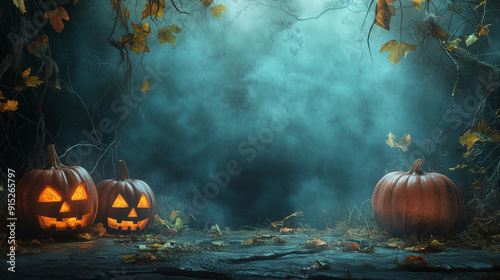 Halloween theme background for presentation, with Halloween attributes on the left and right, the central part has a lot of free space, image is a photograph, ultrarealistic, cinmeatic, high quality