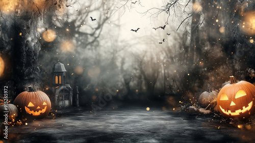 Halloween theme background for presentation, with Halloween attributes on the left and right, the central part has a lot of free space, image is a photograph, ultrarealistic, cinmeatic, high quality