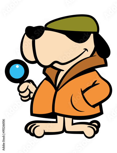 Puppy cartoon characters wearing newsboy cap with coat, carrying a magnifying glass and playing as Private Investigator. Best for sticker, logo, and mascot with crime themes