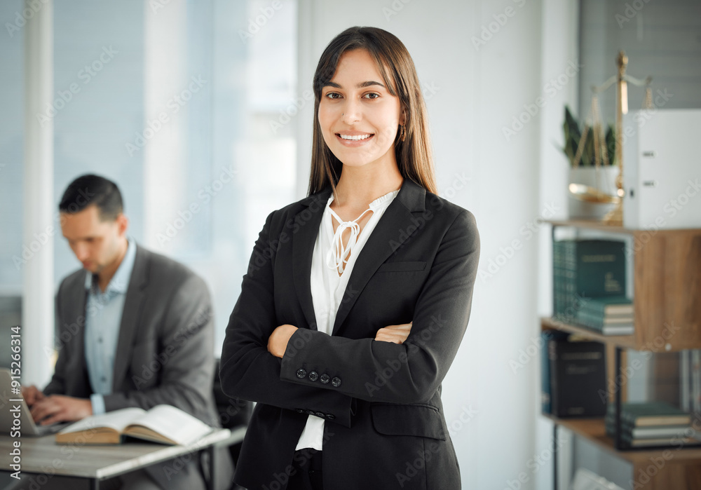Arms crossed, portrait and smile of lawyer woman in office of law firm for legal council or representation. Justice, pride and service with confident or happy attorney in workplace for counsel Arms crossed, portrait and smile of lawyer woman in office of law firm for legal council or representation. Justice, pride and service with confident or happy attorney in workplace for counsel