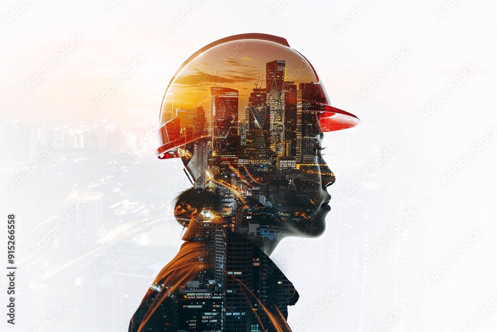 A professional wearing a hard hat and glasses is shown in a double exposure with an urban cityscape, representing the integration of technology and innovation in modern city development A professional wearing a hard hat and glasses is shown in a double exposure with an urban cityscape, representing the integration of technology and innovation in modern city development