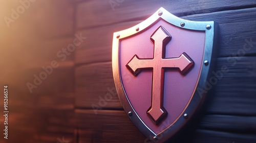 Close-up of a metal shield with a Christian cross on a wooden background. photo