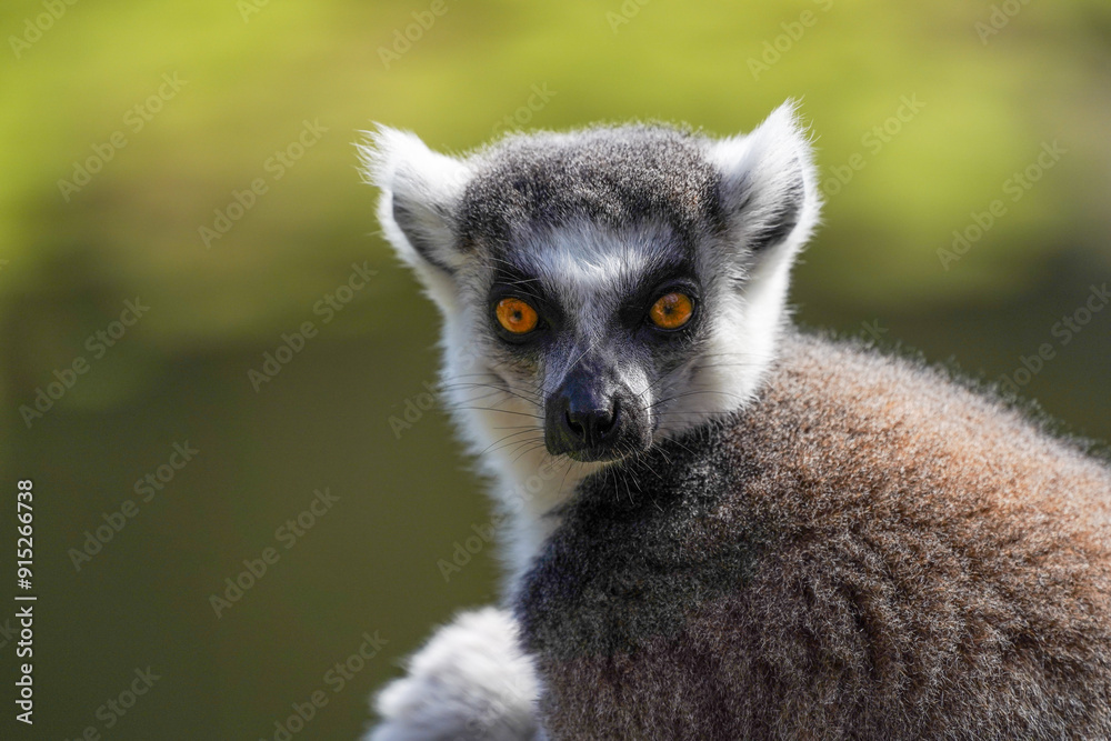 Ring-tailed lemur sitting on grass in sunlight, alert and looking back, wildlife portrait Ring-tailed lemur sitting on grass in sunlight, alert and looking back, wildlife portrait
