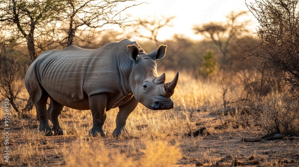 Fototapeta premium White Rhino at Sunset in African Savanna