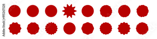 Round stamp sticker set, grunge red stamps around torn edge texture. Vector illustration elements isolate on white.