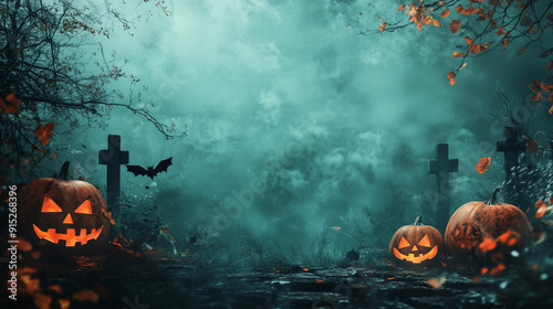Halloween theme background for presentation, with Halloween attributes on the left and right, the central part has a lot of free space, image is a photograph, ultrarealistic, cinmeatic, high quality