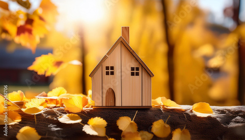 Fototapeta Naklejka Na Ścianę i Meble -  Miniature wooden house and golden autumn leaves, fall scenery. Real estate concept. Autumnal season