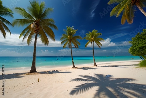 Beautiful beach with white sand landscape, Beautiful tropical beach ocean and blue sky with clouds in sunny day. Generative AI