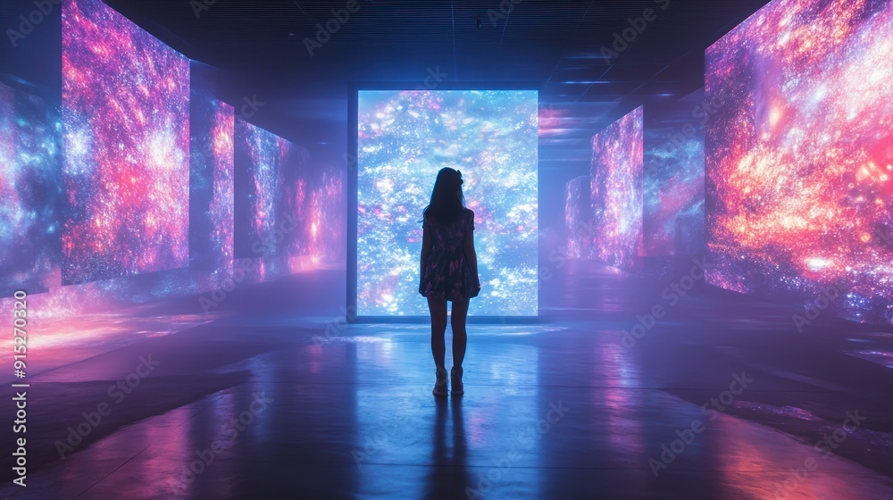 Woman standing in a hallway with screens displaying galaxies