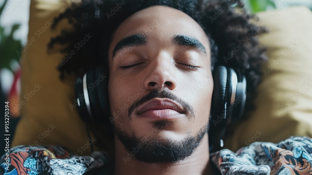 Fototapeta premium A person lying down on a couch wearing headphones, likely listening to music or podcasts