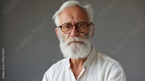 A man with a beard and glasses is standing in front of a gray wall