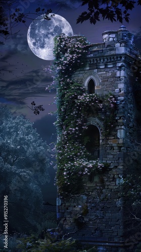 Ancient stone tower under a full moon, covered in ivy and flowers at night.